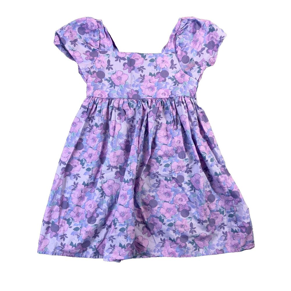 Minnie Mouse Dress Girls Small 6/7 Purple Cotton Puff Sleeve Floral Disney Cute